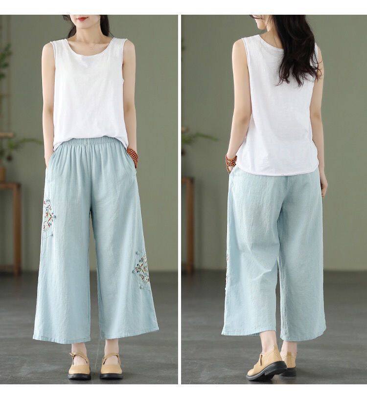 Quần ống Rộng Nữ Bông Và Lanh Thêu Dân Tộc Quần Baggy Nữ Lưng Cao Khóa Văn Học Cổ điển Quần âu