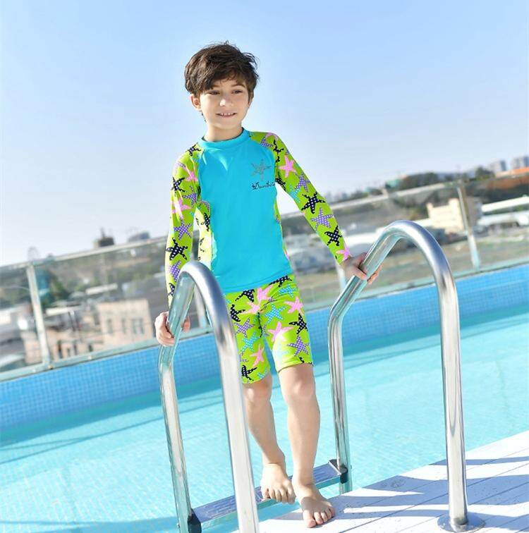 RF 2023 Boys Swimsuits Long Sleeve Tops Bottom Set Swimming Trunks for Kids Print Children Rash Guards Swimming Suits with Cap (6-15 Years)