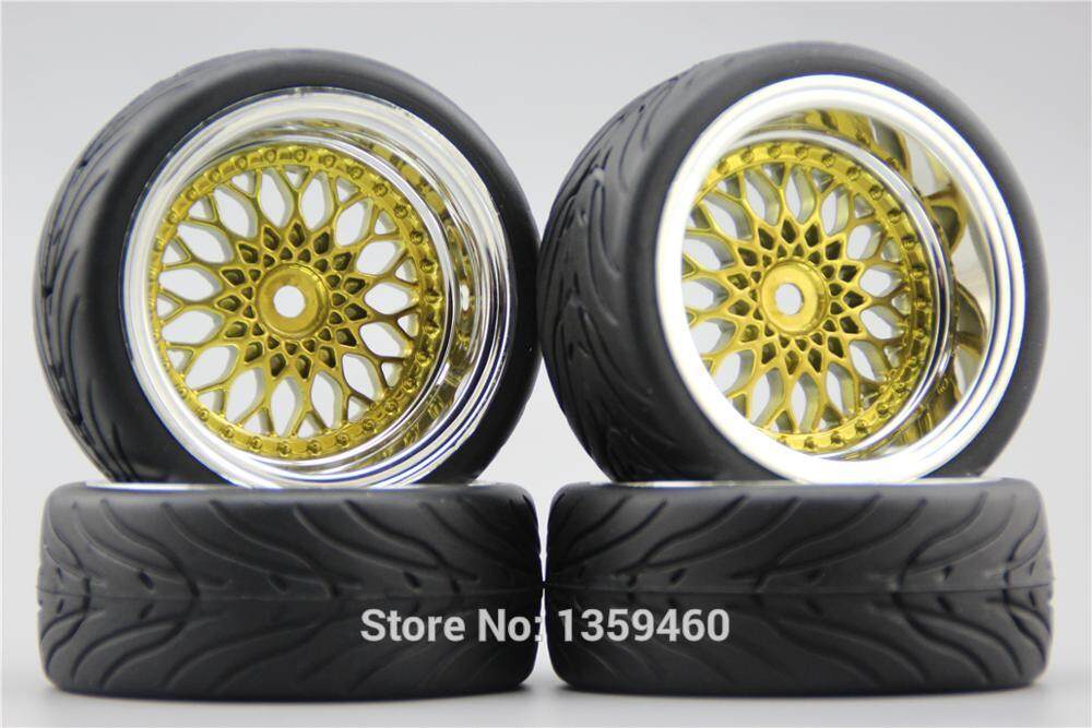 4pcs 1/10 RC Soft Rubber Touring Car Tire Tyre  Wheel Rim Gold 10043+21001 