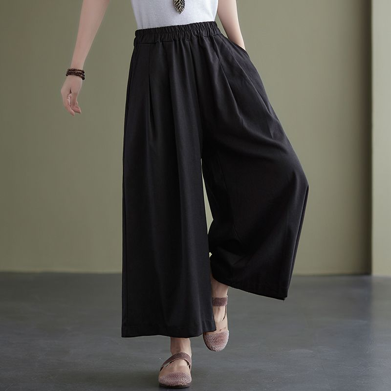 WhiteTime Summer new literary retro wide-leg pants women's solid color casual pants show slim high-waisted pants 301T1645
