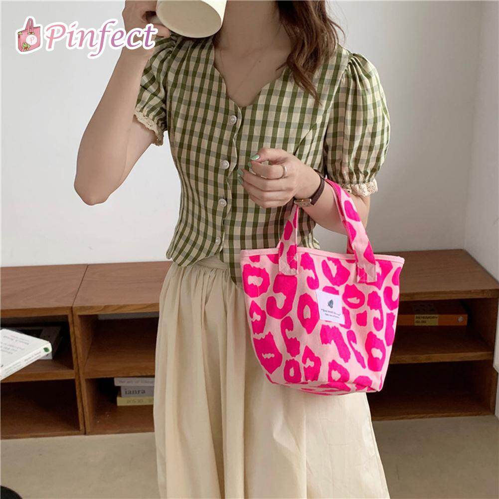 [Pinfect] Túi Đeo Vai Vải Bố Họa Tiết Da Báo Màu Hồng Hàn Quốc Cổ Điển Ins, Túi Mua Sắm Thường Ngày Cho Nữ Túi Tote Túi Xách