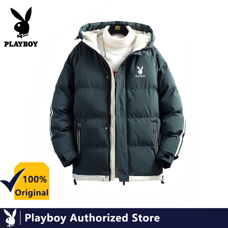 PLAYBOY Winter Coat Jacket New Trendy Brand Personality Sleeves Two Bars Thick Hooded Youth Down Jacket