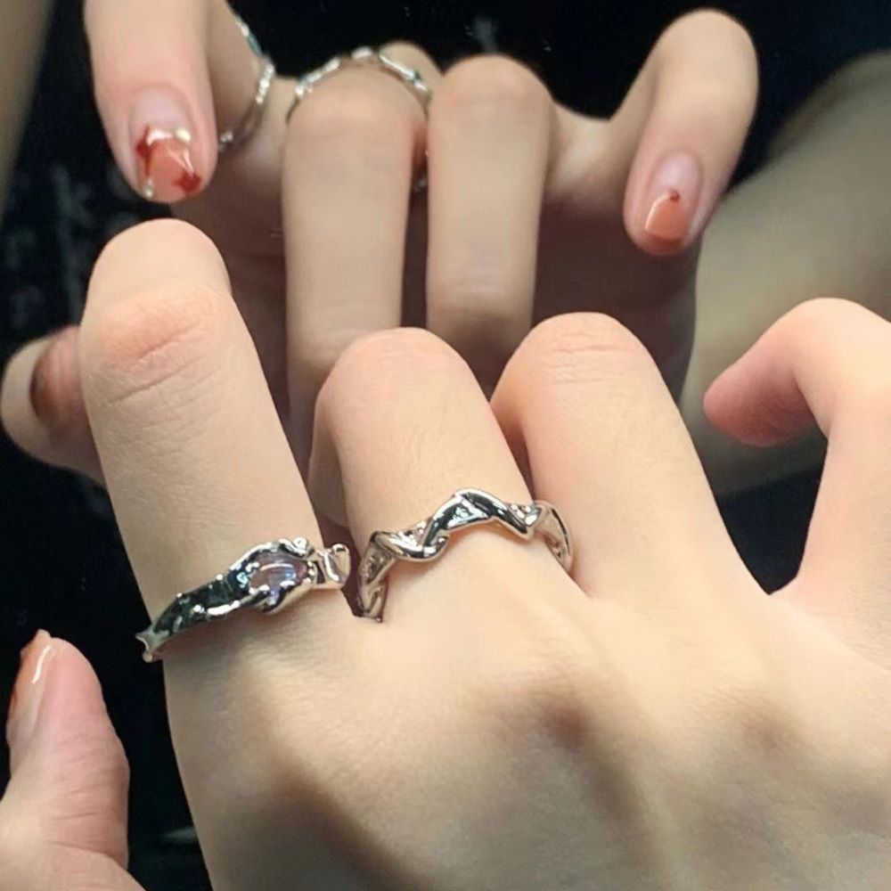 2pcs Moonstone không đều vòng lượn sóng vòng hình học cho nam giới và phụ nữ linh hoạt mở điều chỉnh trang sức nhẫn đôi Quà Tặng