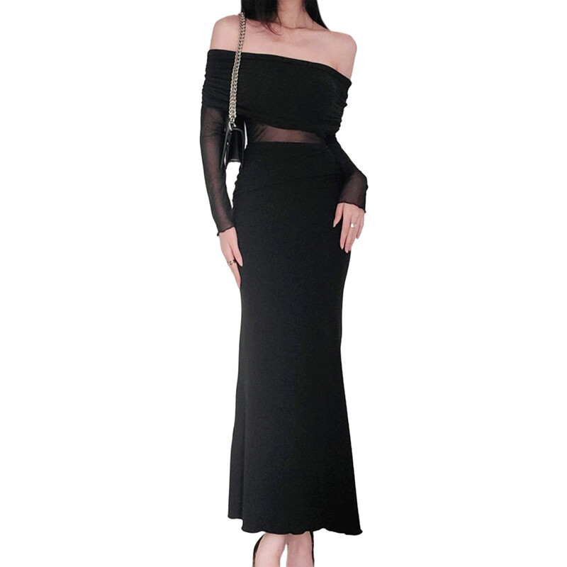 Women's Spring Autumn Evening Dress Black Long Sleeve Off Shoulder Sheer Mesh Dress