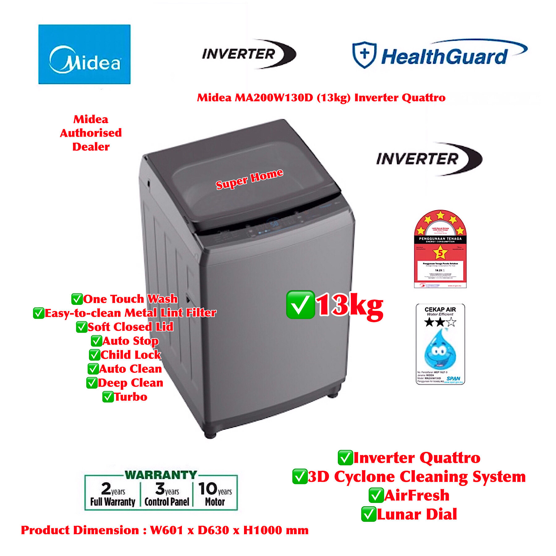 Midea 13kg Washing Machine (Gray) 13kg Inverter Quattro Fully Automatic