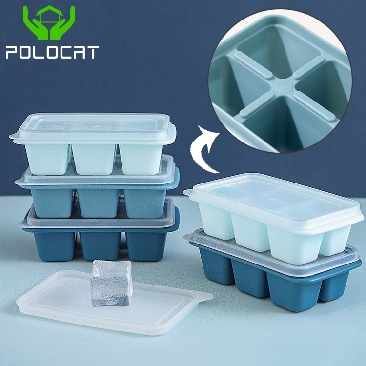 Polocat Dụng Cụ Làm Kem Có Nắp Khay Đá 6 Ngăn Kín Có Thể Xếp Chồng Lên Nhau Khay Đá Nhỏ Đáy Mềm Mini Khuôn Làm Đá Viên
