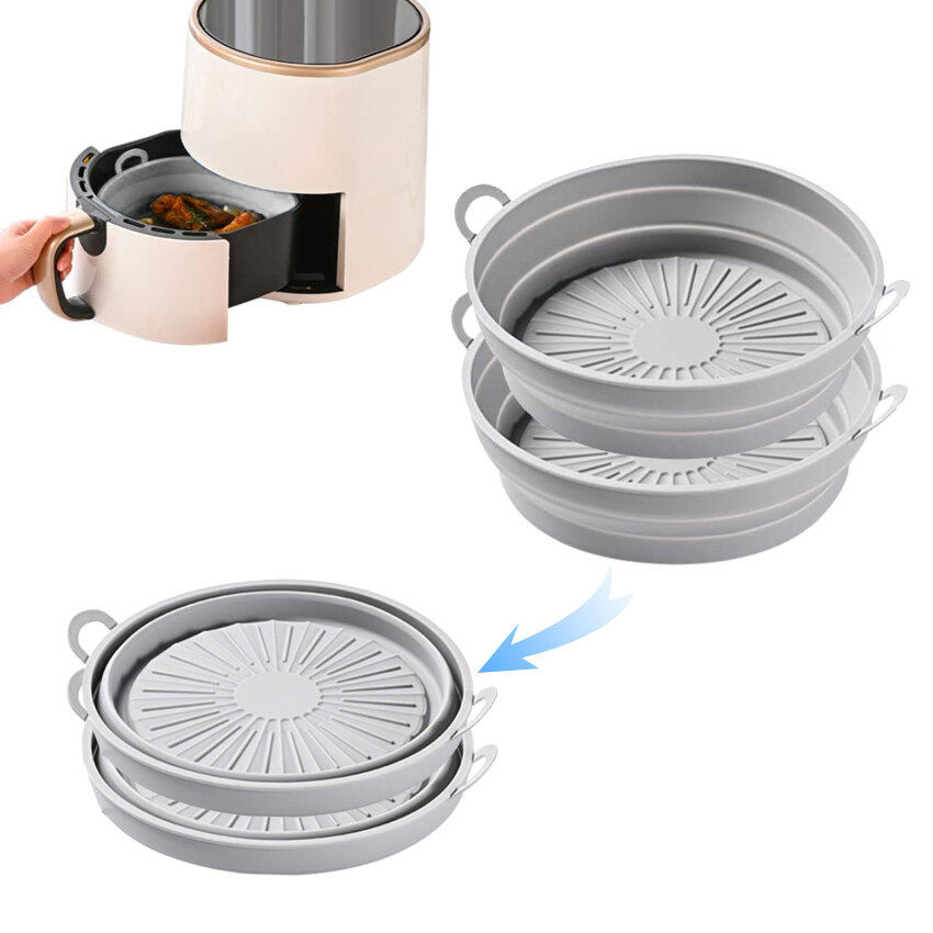Air Fryer หม้อซิลิโคน,2ชิ้นอัพเกรดพับ7.5นิ้วรอบซิลิโคน Air Fryer ตะกร้า