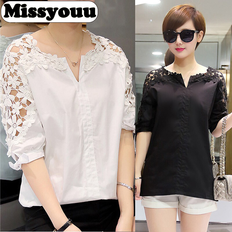 Missyouu Women Lace Summer Tops Woman Lace Shirt Hollow Out Casual Short Sleeve Women Clothing Shirts Tops 3XL&4XL 5XL