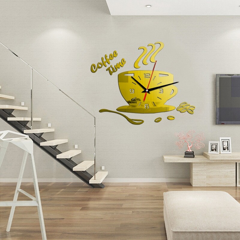 Creative 3D DIY Coffee Time Clock Acrylic Wall Clock Modern for Kitchen Home Decor Cup Shape Wall Sticker Hollow Numeral Clock