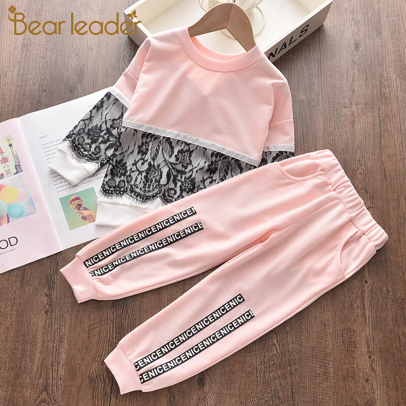 Bear Leader Girls & Boys Children Outerwear Sets 2023 New Kids Clothes Natural Casual Kids Full Sleeve Sport Suits Lace Patchwork O-Neck Children Clothing Set Pullover+Pants 2pcs Outfit For Kids