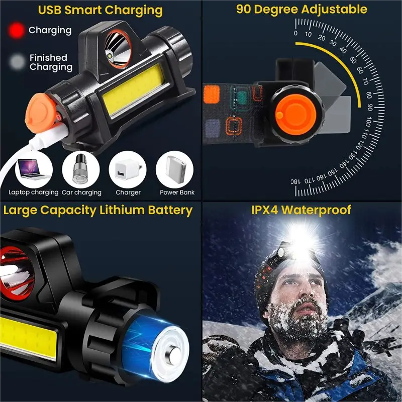 XPE Spotlight COB Floodlight Rechargeable Head Flashlight w/ Magnet IPX4 Waterproof USB Fast Charging 90° Adjustable for Outdoor Fishing  Camping