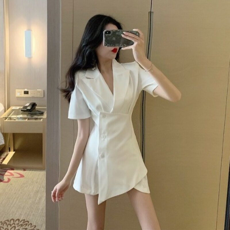 Nữ Thần Fan Hâm Mộ Khí Chất Mốt Thời Thượng Phiên Bản Hàn Quốc Âu Phục Bó Eo Màu Tím Mùa Hè Mẫu Mới Không Thường Xuyên Ngắn Tay Váy Liền Quần Áo Nữ