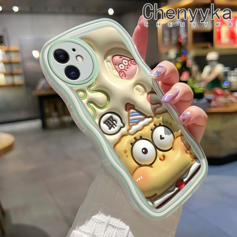 chenyyka Casing For iPhone 11 11 Pro 11 Pro Max Case Cartoon 3D SpongeBob Patrick Star Pattern Wave Border Soft Clear Shockproof Phone Cases Creative Camera Transparent Casing Silica Gel Protective Cover