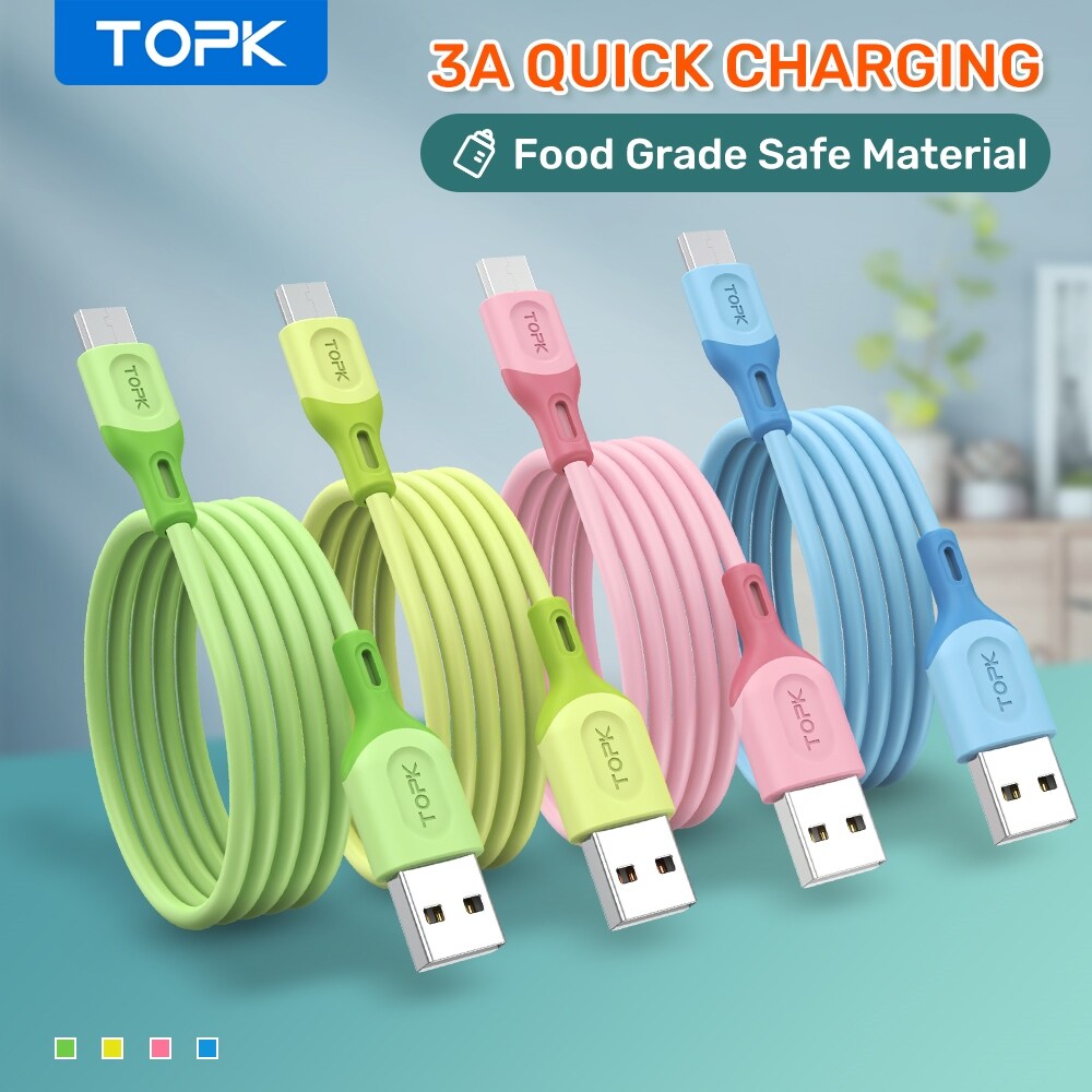 [ELEGANT] TOPK AN84 Micro USB Type C Cable for XiaoMi redmi note 9 3A Fast Charging Liquid Silicone Mobile Phone Data Cable for Samsung