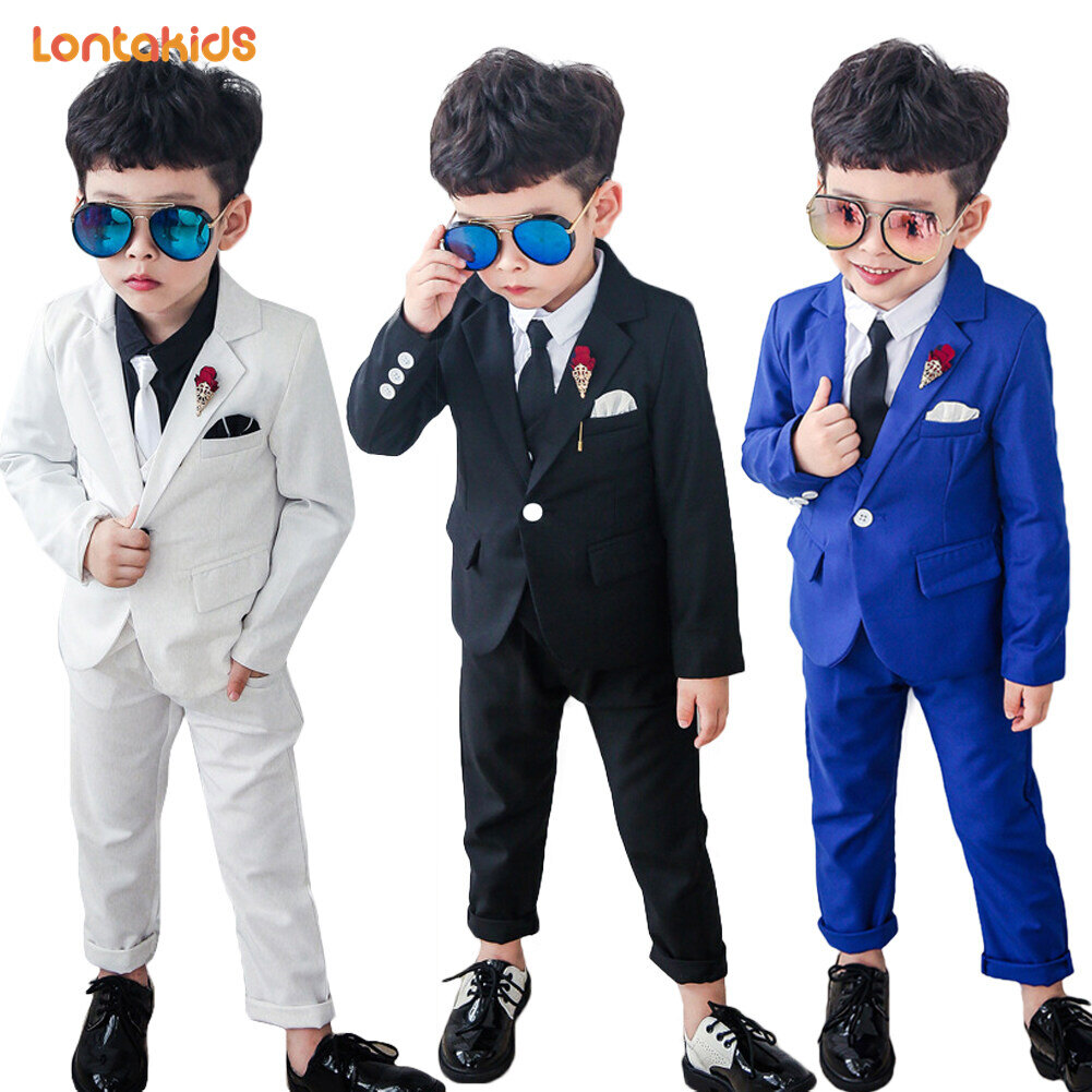 lontakids 2-9 Years Kids 3Pcs / 5Pcs Boys Slim Fit Dresswear Gentleman Suit Black Blue White Formal Attire Tuxedo Clothes Set For Wedding Party Birthday