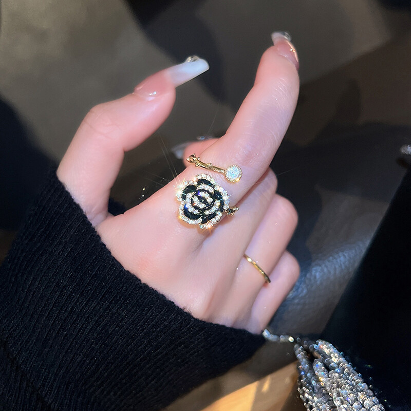 Maidu Jewelry Camellia Open Rings Women Light Luxury Inlaid Zircon Flower Index Finger Ring Female