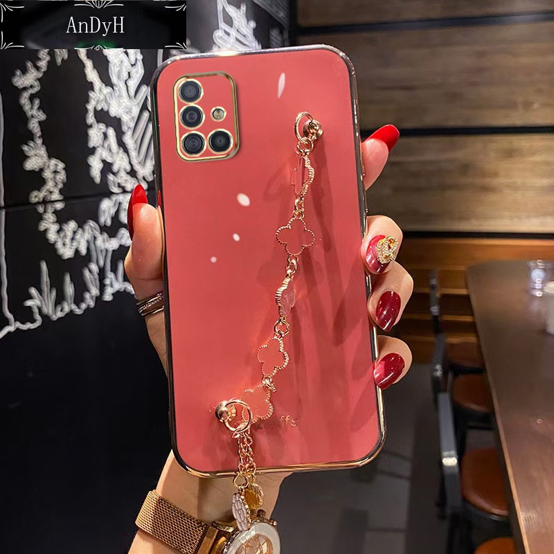 AnDyH Straight Edge Plating Phone case For Samsung Galaxy A51 casing,Precise Camera Protection cases Cute girl style cover with Four leaf clover bracelet