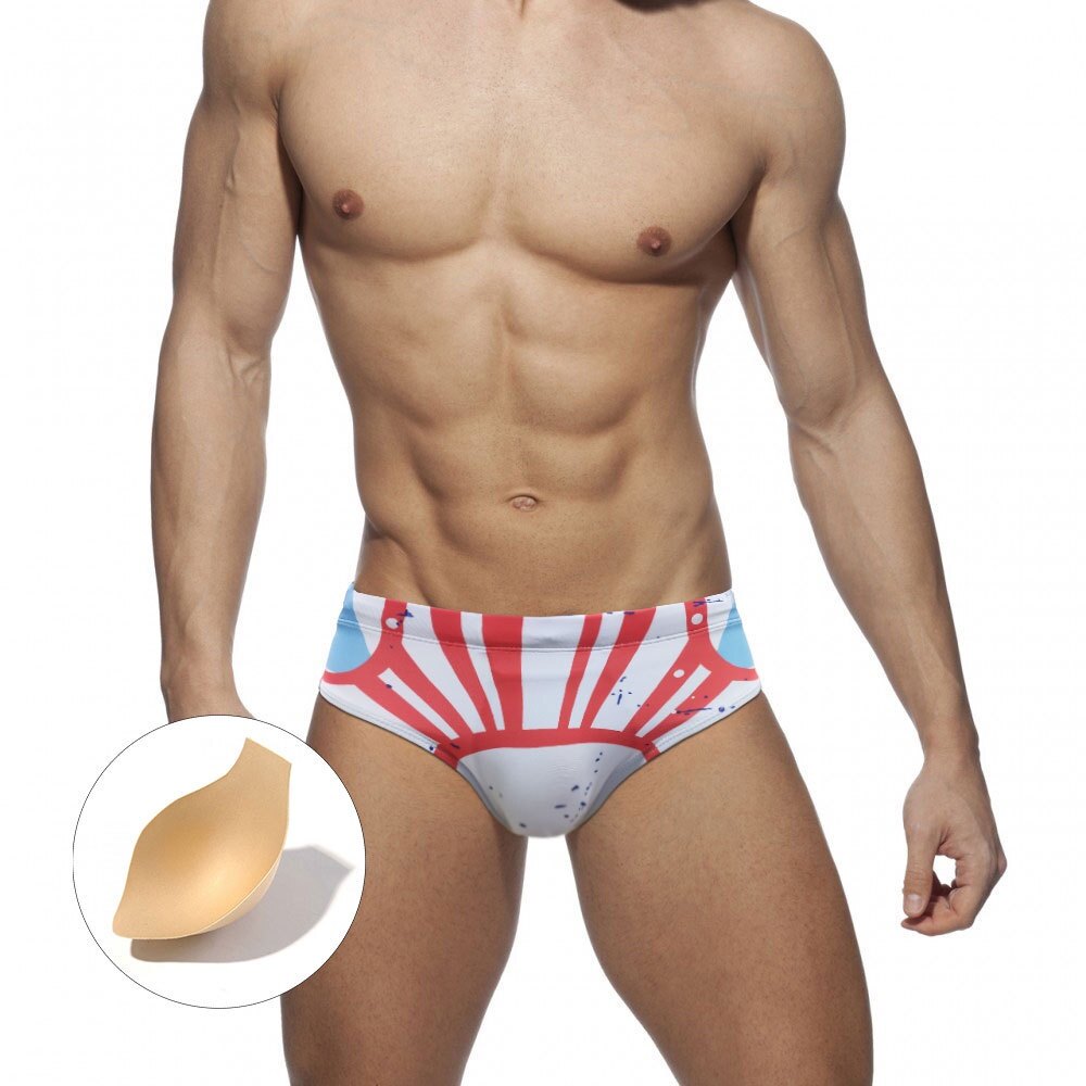 Men's White Color Fresh Sunshine Beach Printed Swimming Briefs With Push Pad GG042