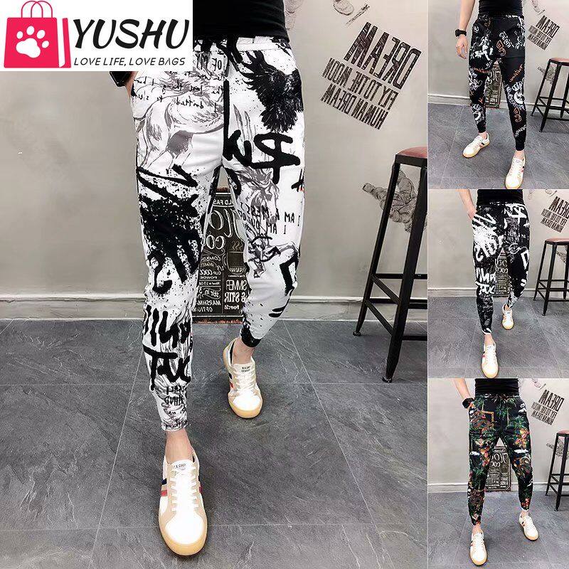 Yushu Personalized Flower Pants Korean Version of The Harem Leggings Men's Summer Thin Print Nine-point Pants Social Guy Tide Brand Pants