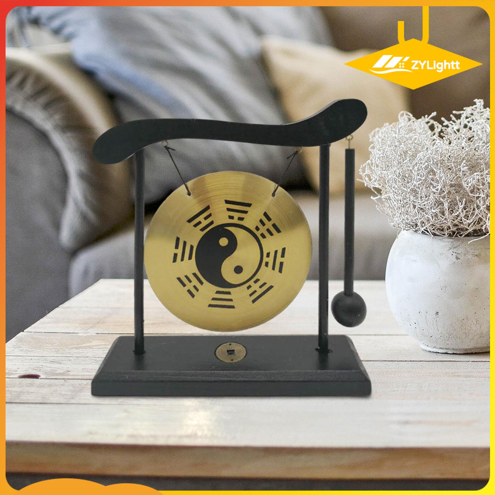 ZYLightt Gong Ornament, Mallet Wind Gongs, Brass Fengshui Desktop Gong Wind Chimes, Chinese Mini Gong with Stand for Garden Table Home Decor