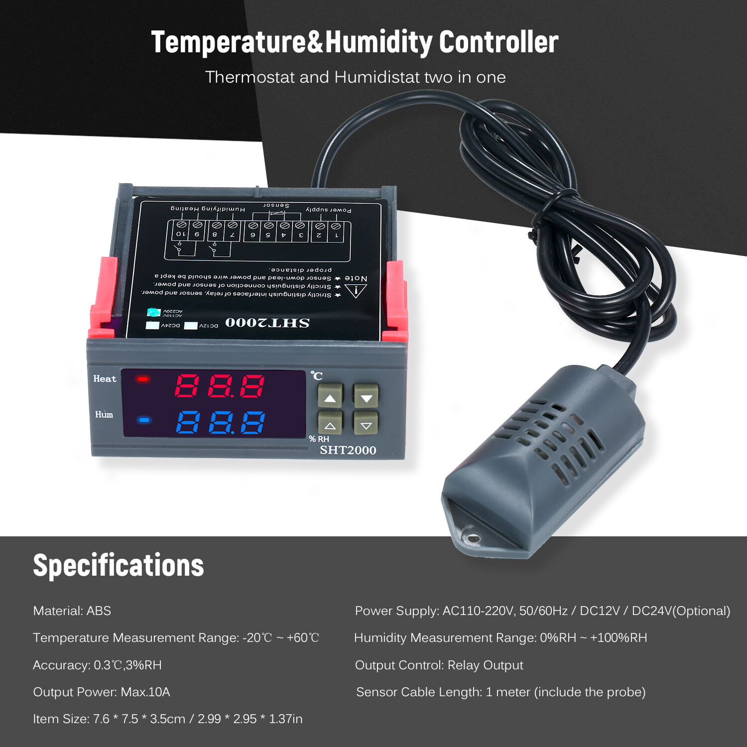 Smart Sensor Digital Display Temperature&Humidity Controller Thermoregulator Thermostat Humidistat Therometer Hygrometer with Integrated Sensor Probe Relay Output