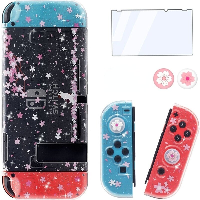 Sakura Glitter Soft Case Protective Cover Bling Shell Skin For Nintendo Switch NS JoyCon Crystal Protector + 2 Thumb Stick Grip