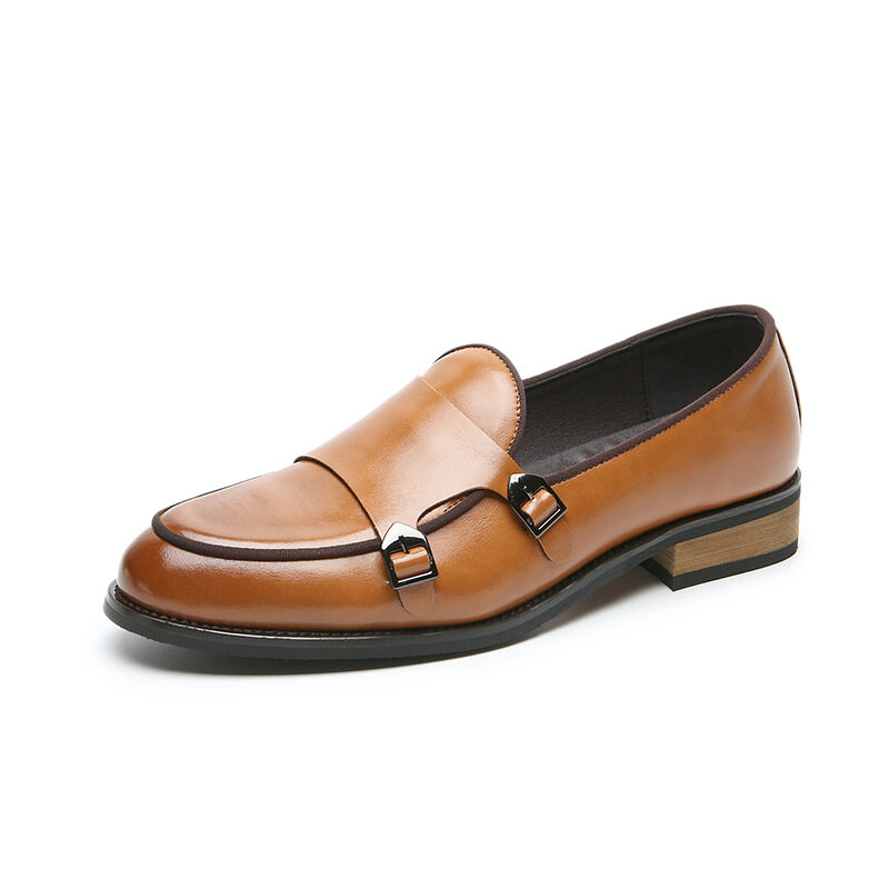 QBELY Men Loafers Shoes Slip On Double Monk Strap Black Brown Men Dress Leather Shoes Office Business Wedding Men Casual Shoes