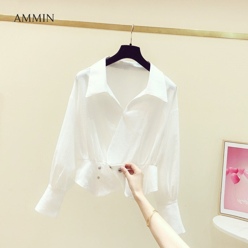 AMMIN Korean style OL short style white chiffon shirt women's autumn 2023 new style lapel long-sleeved high-waist pleated waist elegant blouse female tops