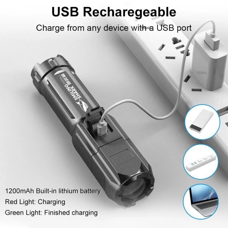 LED Đèn pin di động Zoomable có thể sạc qua USB Đèn lóa sáng không thấm nước focusable thích hợp cho câu cá cắm trại ngoài trời Đi bộ đường dài