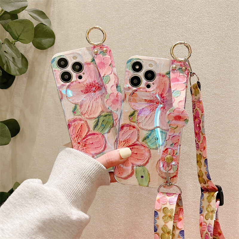 Case for iphone 7 8 7 plus 8 plus x xs xr xs max 11 11 pro max 12 12 pro 12 pro max 13 13 pro 13 pro max peach flower blu-ray fashion phone case imd wristband phone cover shell with lanyard