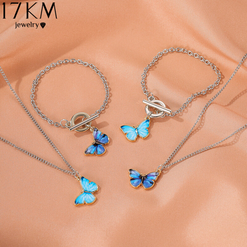 17KM Thời Trang Bướm Pendant Necklace Bracelet Set Phụ Nữ Retro Chain Choker Trang Sức Set Phụ Kiện Quà Tặng