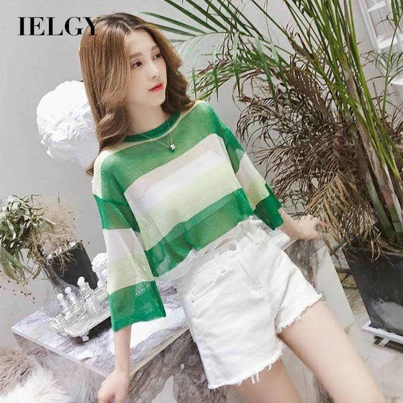 IELGY Áo Thun , Áo Cánh Rộng Chống Nắng Dệt Kim Vải Viscose, Sọc Trên Cổ Tròn Rỗng