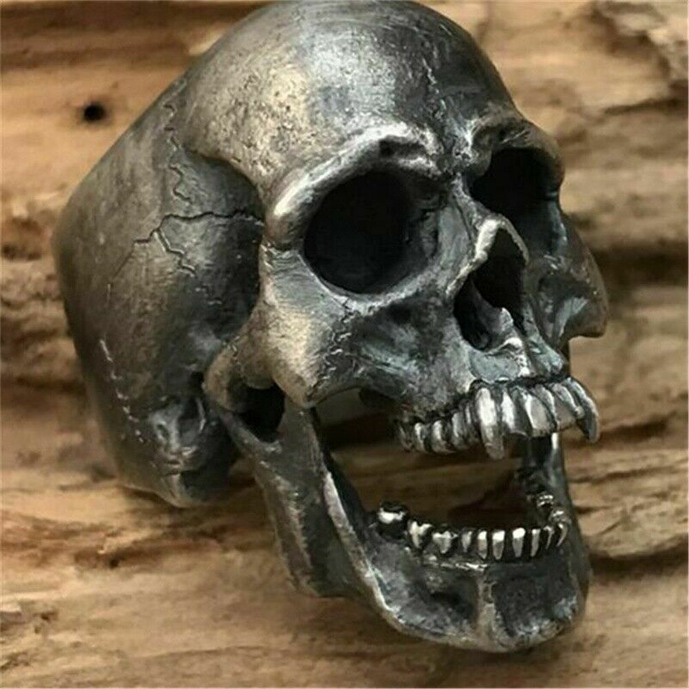 Stainless Steel 2 Color Cracked Skull Head Biker Ring