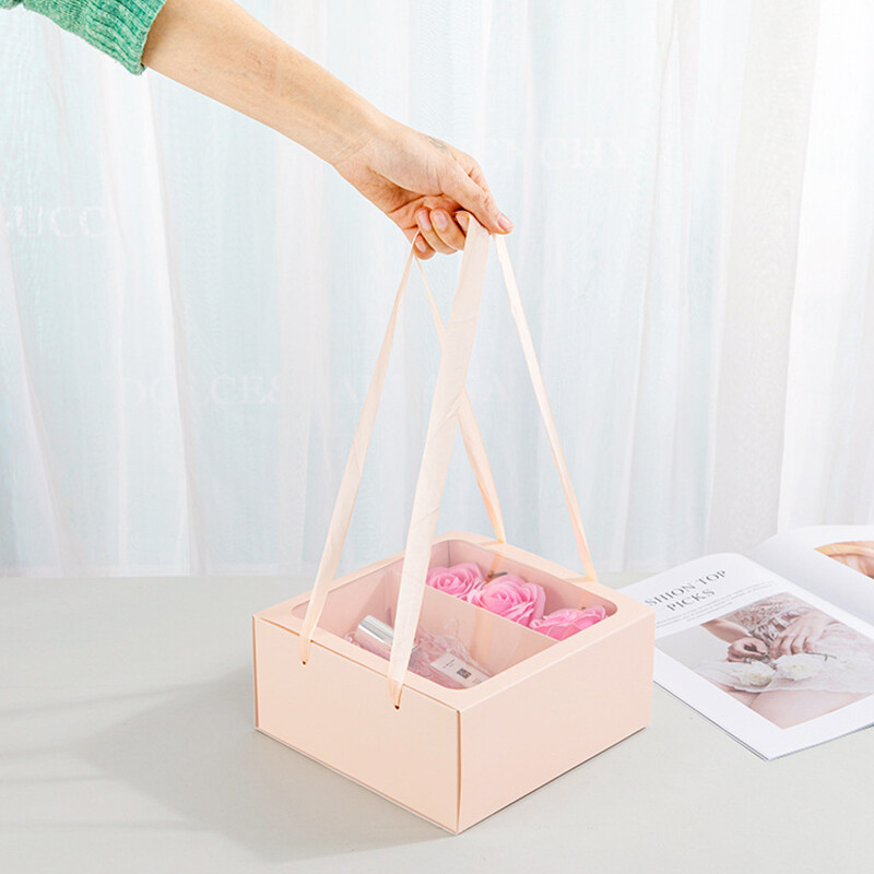 Nuoke 1pcs Square Storage Box Clear Window Paper Box Floral Box With Handle Flower Packaging Box Transparent Gift Wrapping Box Handbag Only boxes
