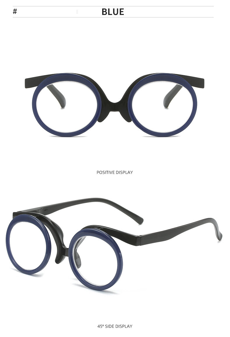 +1.0 to +4.0 Makeup Reading Glasses Flip Cover Design Dual-use Fashion Round Frame Flower Panting Glasses 90 Degree Flip Down Lenses Women Men Fashion Personality Presbyopia Eyeglasses Frame