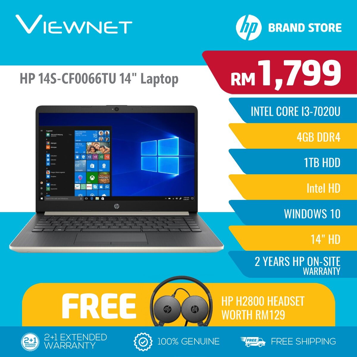 HP 14 Notebook Intel I3-7020U Laptop (14S-CF0066TU Gold / 14S-CF0067TU Silver) 4GB DDR4 RAM, 1TB HDD Storage, Intel HD Graphics 620, Windows 10 Home Malaysia