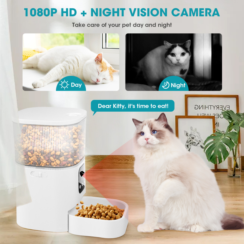 Máy cho mèo ăn tự động với máy ảnh HD, máy cho ăn tự động với ứng dụng điều khiển, cho phép 2.4GHz Wi-Fi, 2 cách âm thanh tương tác, khay thức ăn có thể nhìn thấy, 3.0L