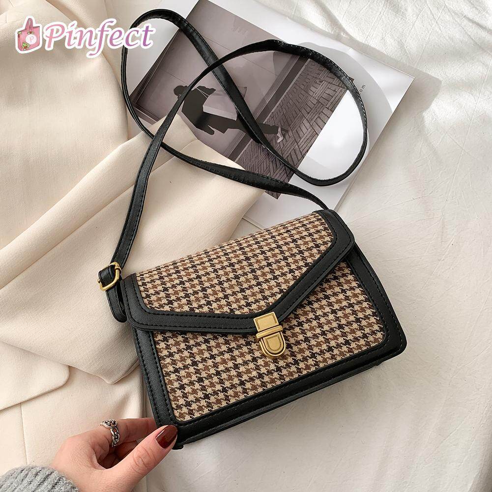 [Pinfect] Fashion Retro Houndstooth Plaid Pattern PU Leather Underarm Shoulder Bags Women Casual Travel Street Top-handle Clutch Purse