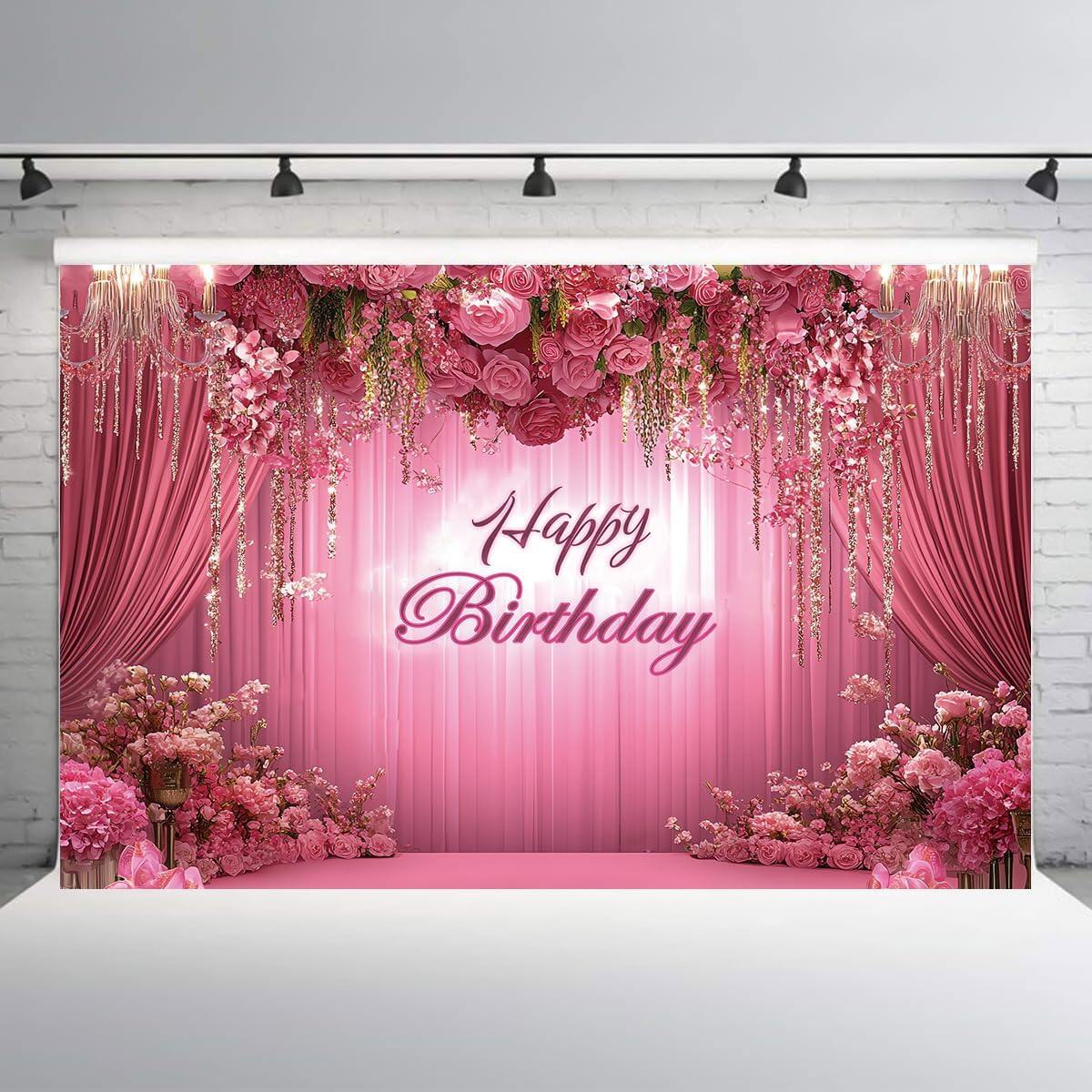 Rose Gold Happy Birthday Photography Backdrop For Girls Women Pink Floral Flower Balloons Arch Modern Elegant Background Aesthetic Party Decorations Photo Booth Props Supplies - | PH - View #6