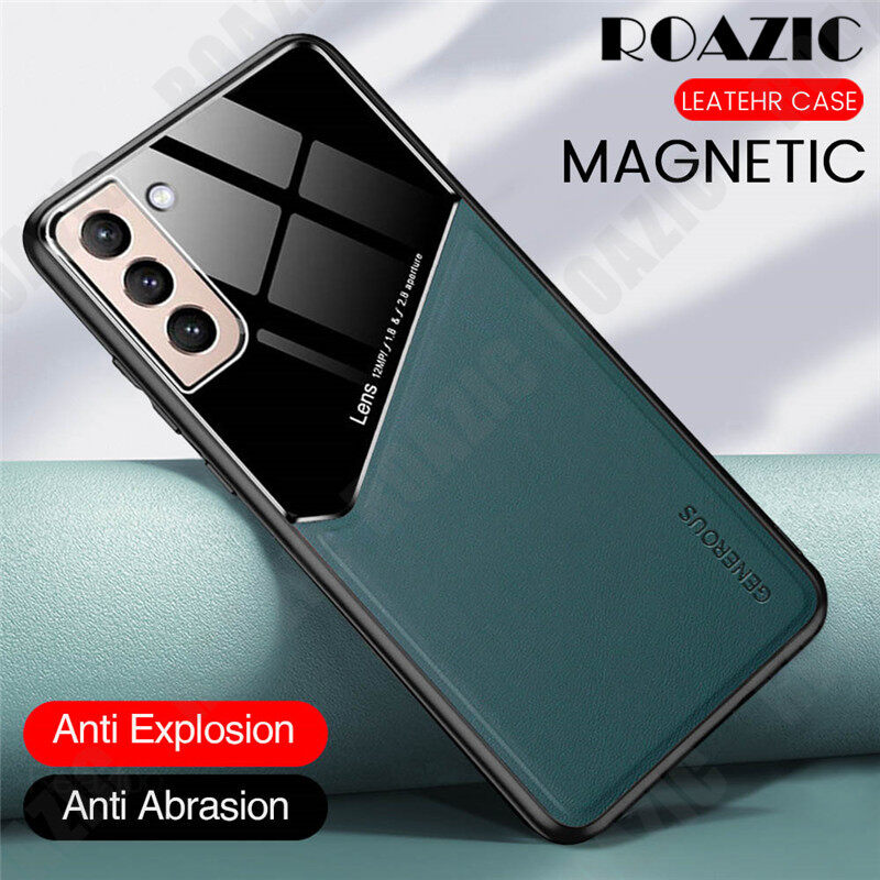 ROAZIC For Samsung Galaxy S21 5G S21 Plus/S21+ 5G S21 Ultra 5G Phone Case Leather Texture Glass Magnetic Casing Soft Edge Shockproof Back Cover