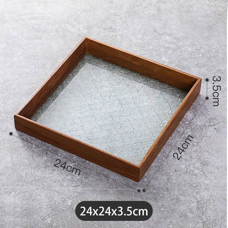 Solid Teak Rectangular Tray Patterned Glass Tray Coffee Serving Tray