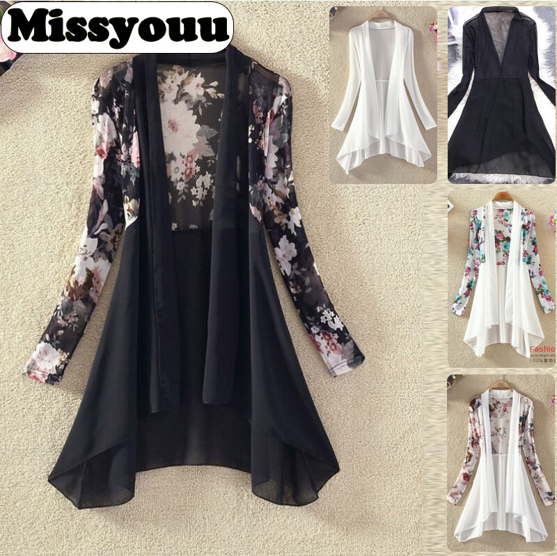 Missyouu Women Floral Printed Long Chiffon Cardigan Sunscreen Shirts