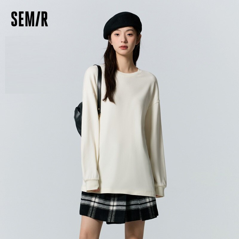Semir New Basic Long Sleeve T Shirt Women Medium Long Loose Base White Split 2024 Winter New Heat Storage Fleece Bottom Shirt