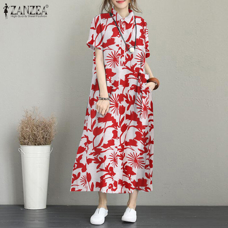 ZANZEA Women Summer Short Sleeve Baggy Long Dress Floral Printed Maxi Shirt Dresses