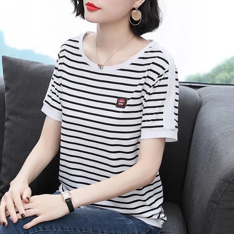 Áo Thun Cotton Kẻ Sọc Đen Cho Nữ Áo Ngoại Cỡ Nữ Tay Ngắn Phong Cách Đơn Giản Mới Mùa Hè 2021, Áo Thun Dáng Rộng