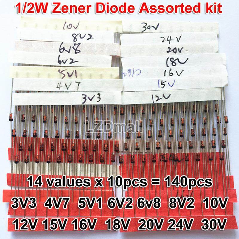 140pcs 1/2W Zener Diode Assorted kit 0.5W 14Values * 10pcs 3V3  4V7 5V1 6V2 6v8 8V2 10v 12V 15V 16V 18V 20V 24V 30V DO-41 Assortment Set
