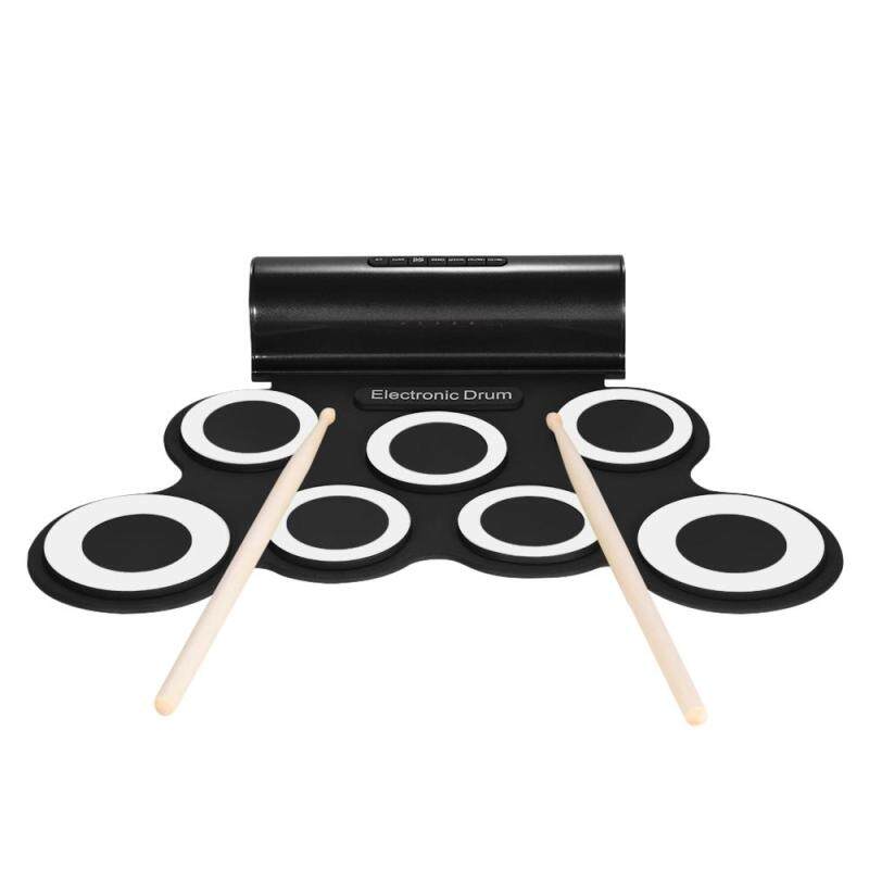 Portable Digital Mono Electronic Drum Set Kit 7 Silicon Pads Built-in Speaker USB Powered with Drumsticks Foot Pedals 3.5mm Audio Cable for Practice Beginners Kids