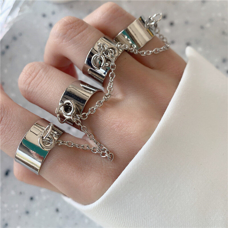New Fashion Net Celebrity Bungee Chain Combination Ring Punk Fan Open Male and Female Conjoined Dark Ring Index Finger Ring