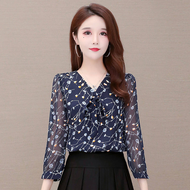 Spring chiffon shirt women's temperamental shredded flower casual shirt V-neck top fashionable
