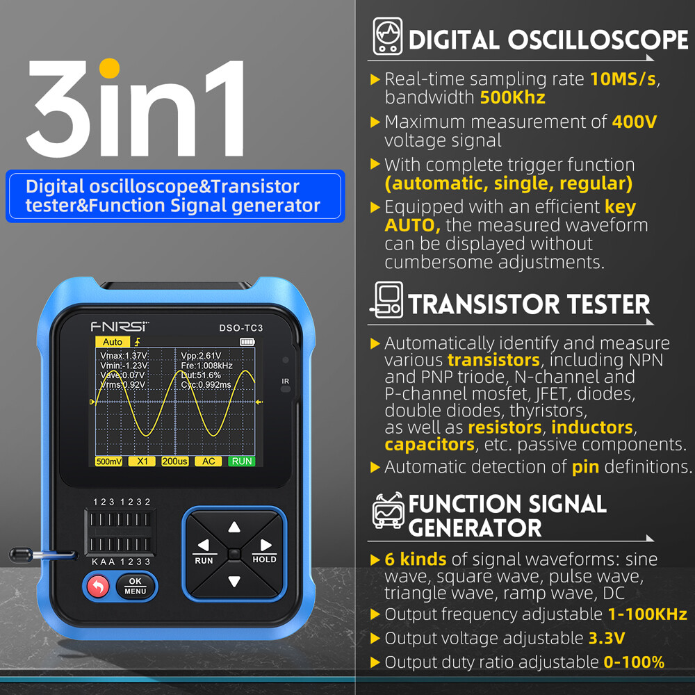 KKmoon 3in1 Digital Oscilloscope Transistor Tester Function Signal Generator Meter Handheld Oscilloscope 2.4inch TFT Display 10MS/s Sample Rate 500KHz Bandwidth Oscillometer